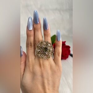 Elegant Olive And Gold Floral Adjustable Statement Ring